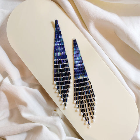 Bugle Bead Fringe Earrings (Midnight Blue)