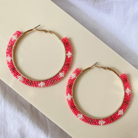 Hot Pink Beaded Hoops (LARGE)