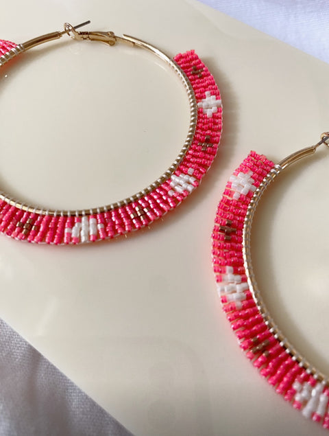 Hot Pink Beaded Hoops (LARGE)